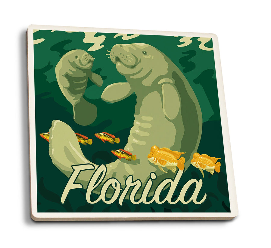 Florida, Manatee & Calf Swimming, Lantern Press Artwork, Coaster Set Coasters Lantern Press 