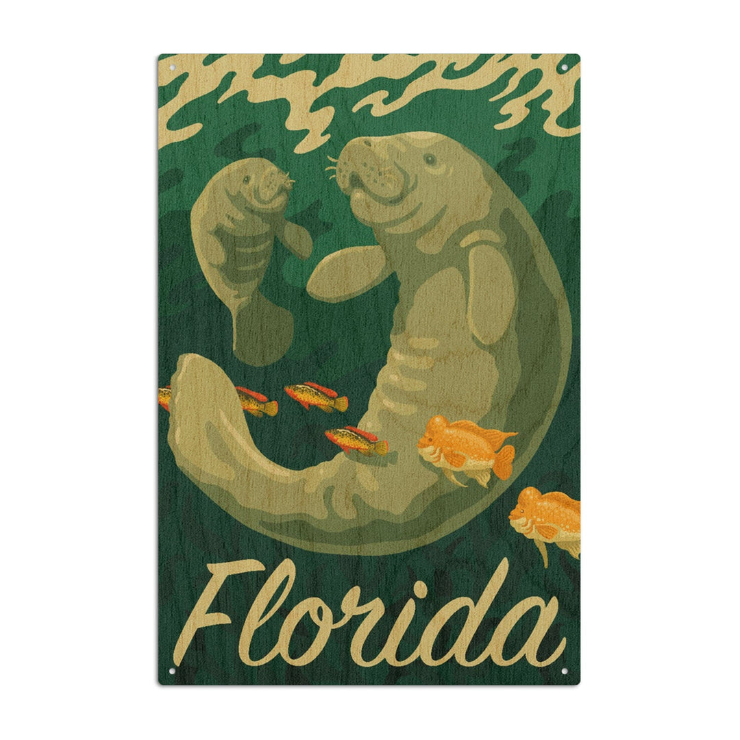 Florida, Manatee & Calf Swimming, Lantern Press Artwork, Wood Signs and Postcards Wood Lantern Press 10 x 15 Wood Sign 