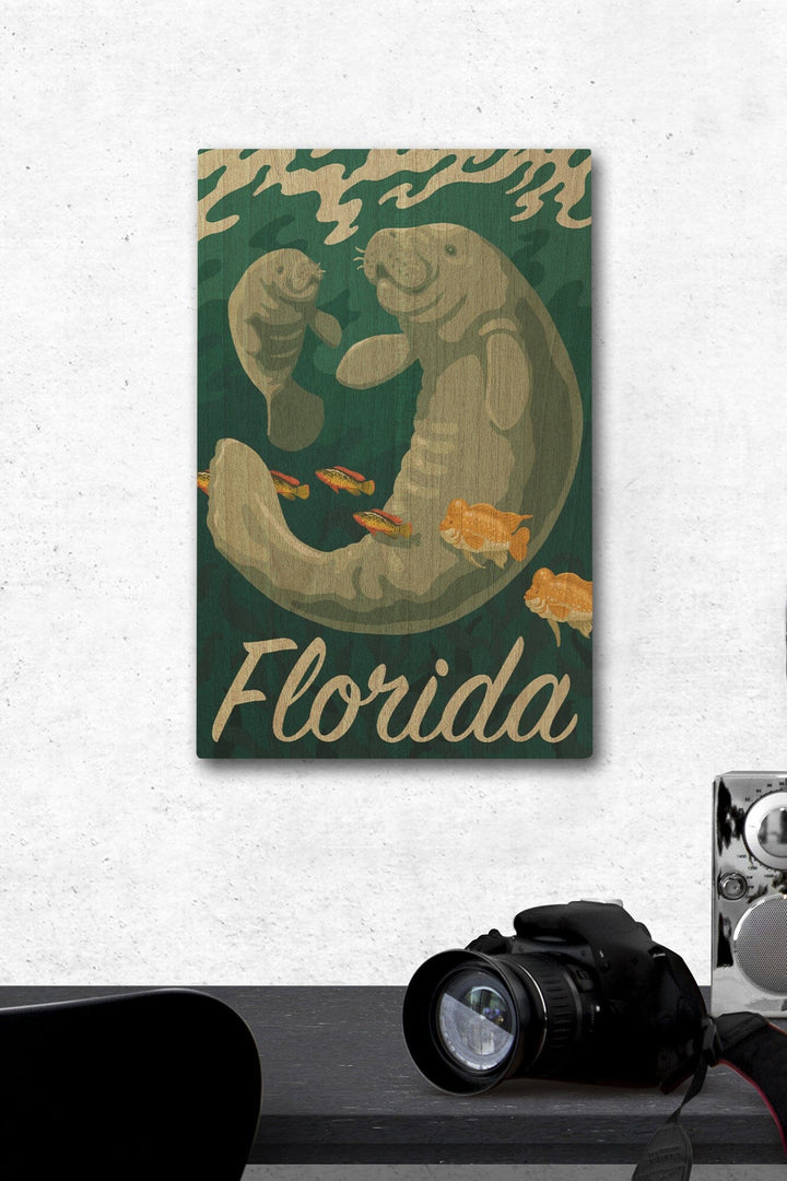 Florida, Manatee & Calf Swimming, Lantern Press Artwork, Wood Signs and Postcards Wood Lantern Press 12 x 18 Wood Gallery Print 