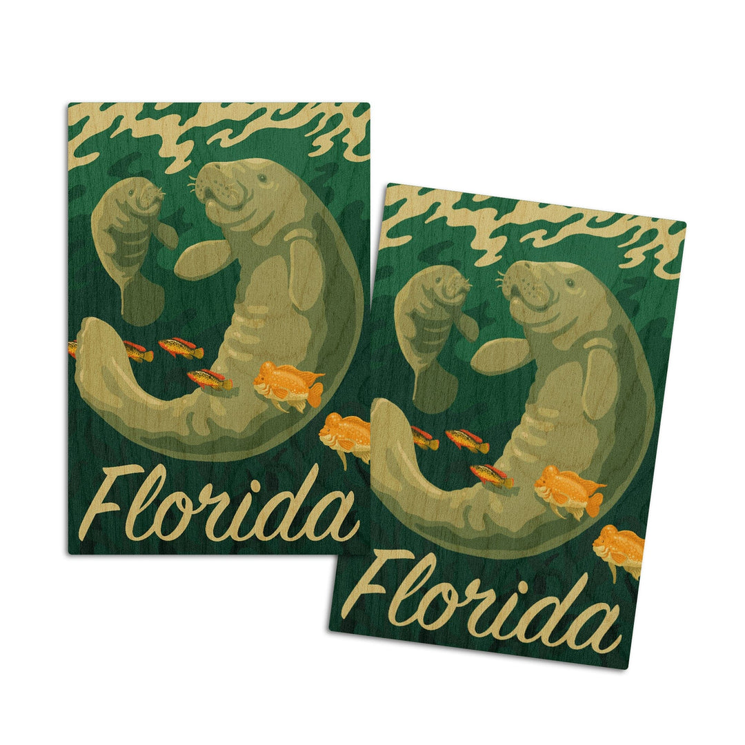 Florida, Manatee & Calf Swimming, Lantern Press Artwork, Wood Signs and Postcards Wood Lantern Press 4x6 Wood Postcard Set 