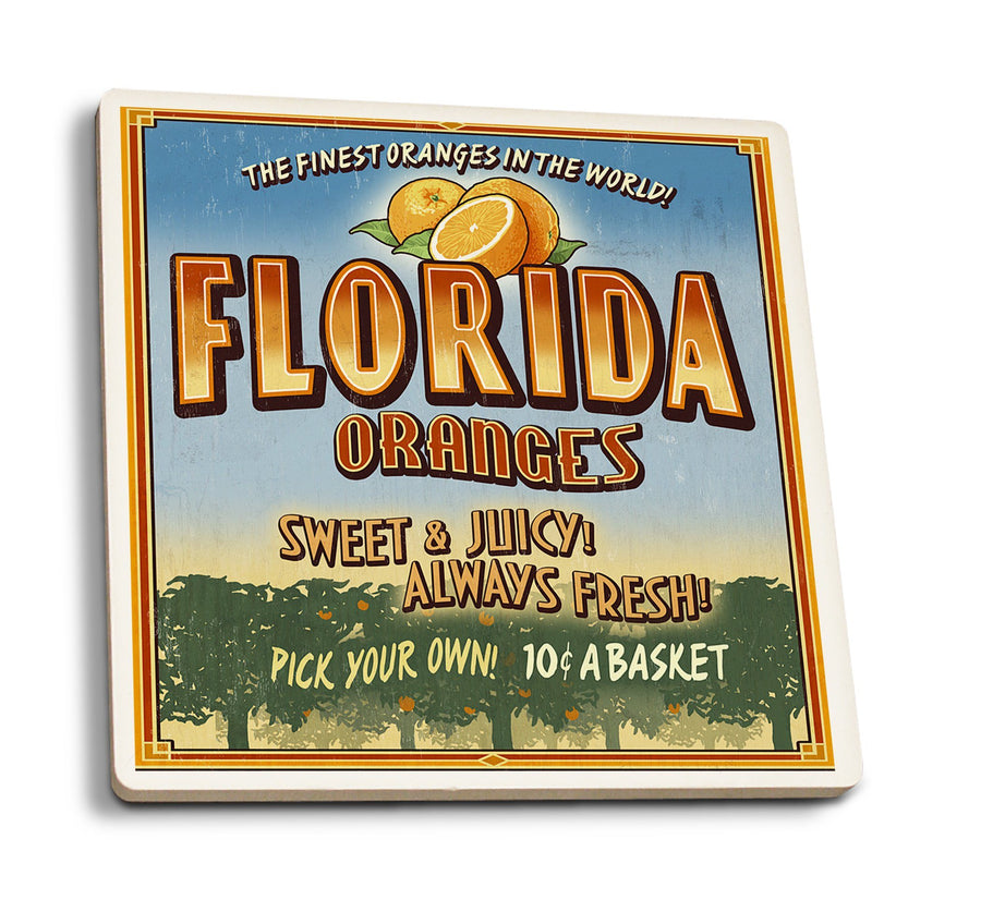 Florida, Orange Grove Vintage Sign, Lantern Press Artwork, Coaster Set Coasters Lantern Press 