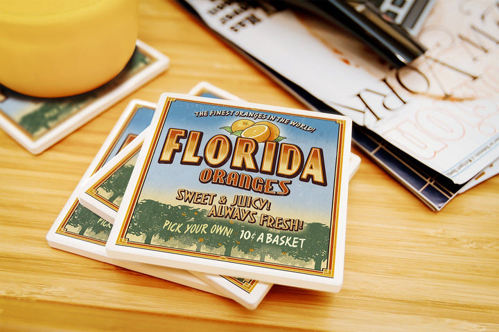 Florida, Orange Grove Vintage Sign, Lantern Press Artwork, Coaster Set Coasters Lantern Press 