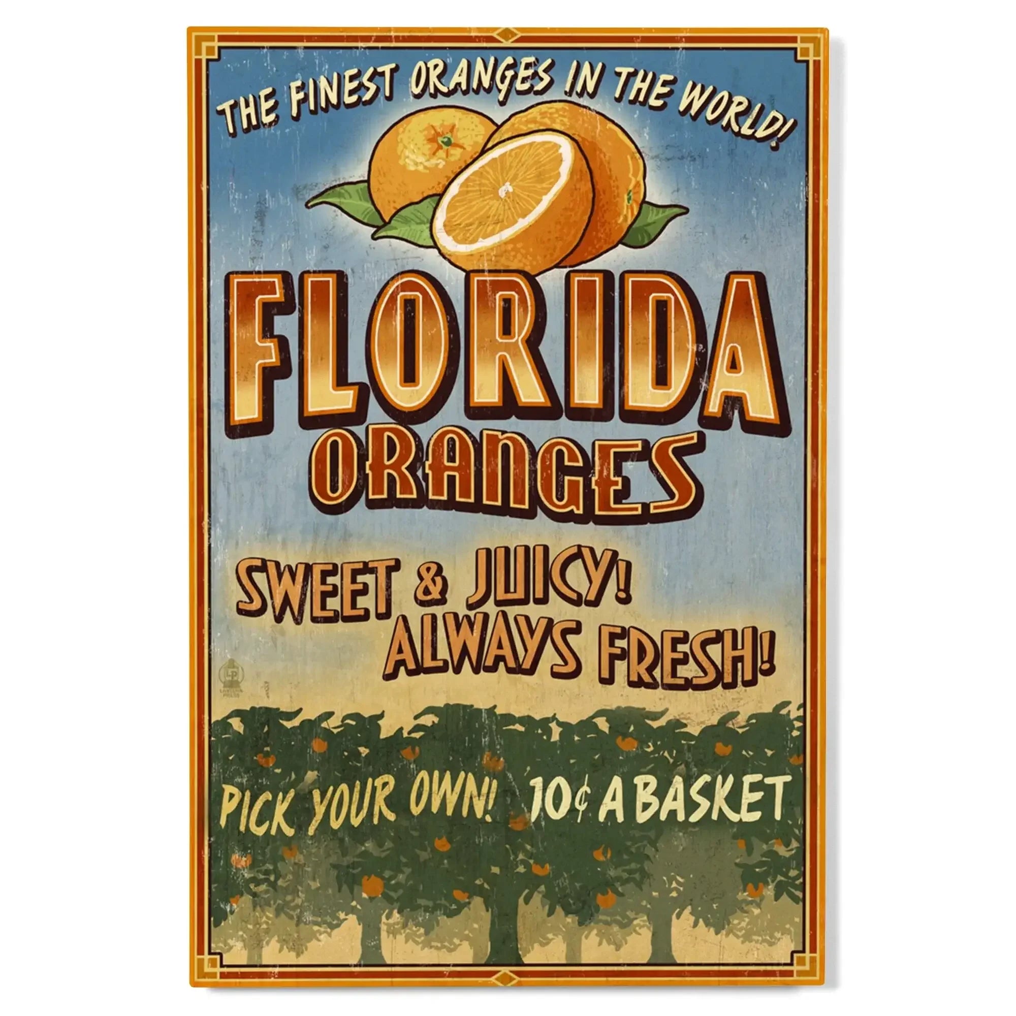 Florida, Orange Grove Vintage Sign, Lantern Press Artwork, Wood Signs