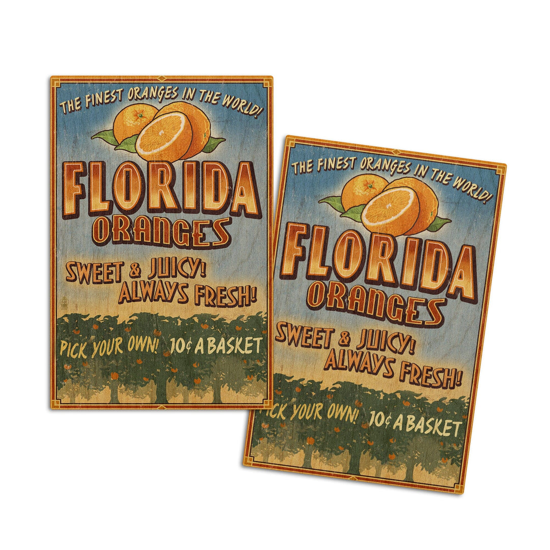Florida, Orange Grove Vintage Sign, Lantern Press Artwork, Wood Signs and Postcards Wood Lantern Press 4x6 Wood Postcard Set 