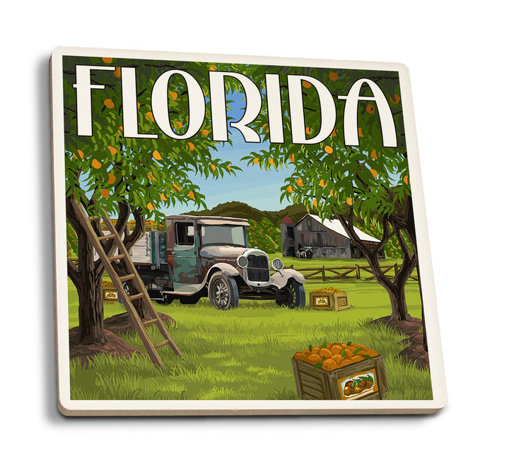 Florida, Orange Grove with Truck, Lantern Press Artwork, Coaster Set Coasters Lantern Press 