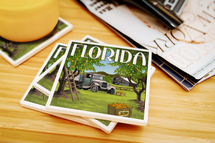 Florida, Orange Grove with Truck, Lantern Press Artwork, Coaster Set Coasters Lantern Press 