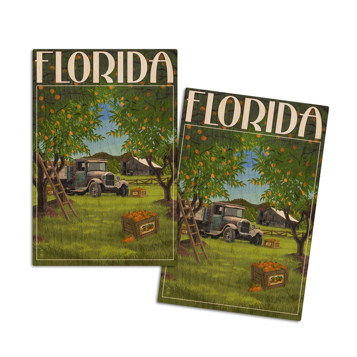 Florida, Orange Grove with Truck, Lantern Press Artwork, Wood Signs and Postcards Wood Lantern Press 4x6 Wood Postcard Set 