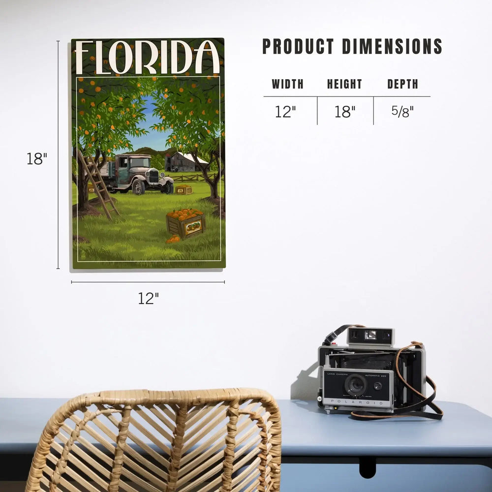 Florida, Orange Grove with Truck, Lantern Press Artwork, Wood Signs and Postcards - Lantern Press
