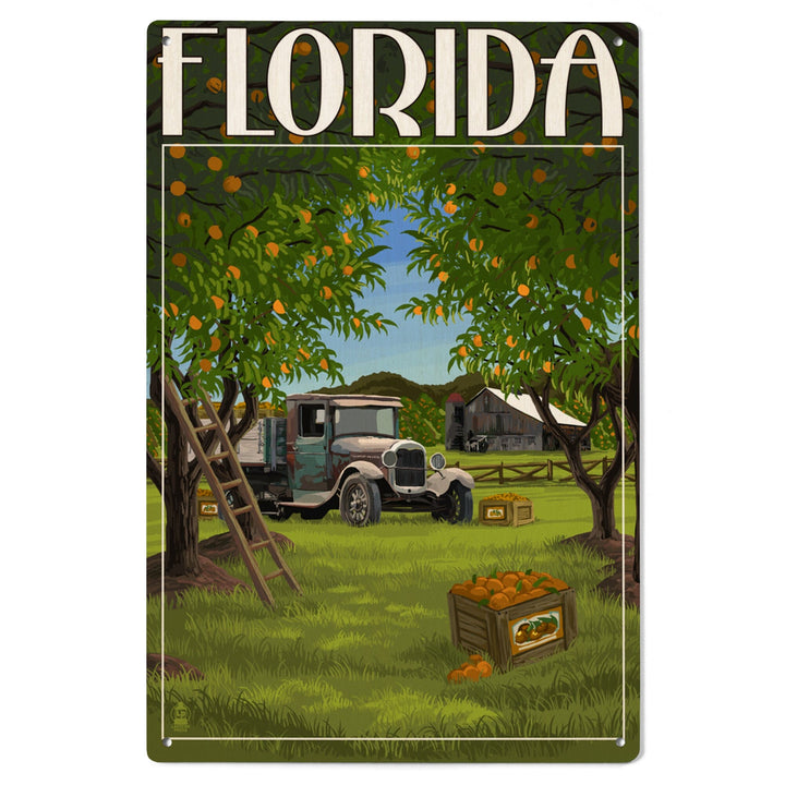 Florida, Orange Grove with Truck, Lantern Press Artwork, Wood Signs and Postcards Wood Lantern Press 