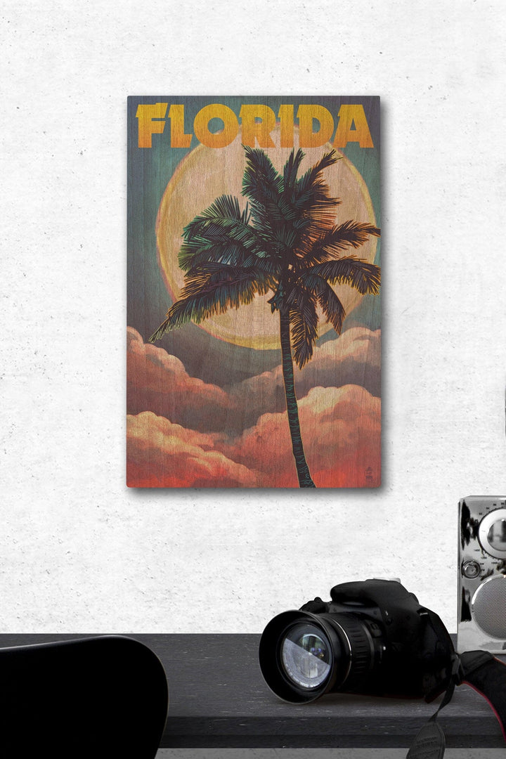 Florida, Sunset and Palm Tree, Lantern Press Artwork, Wood Signs and Postcards Wood Lantern Press 12 x 18 Wood Gallery Print 
