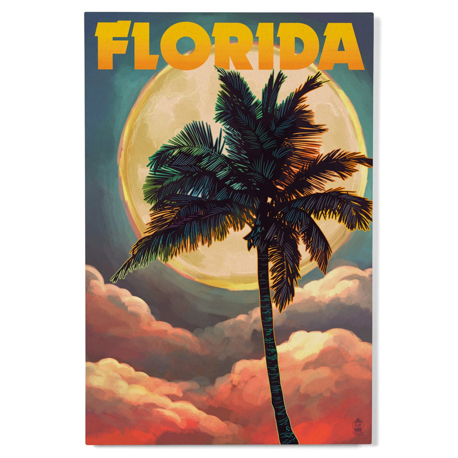 Florida, Sunset and Palm Tree, Lantern Press Artwork, Wood Signs and Postcards Wood Lantern Press 
