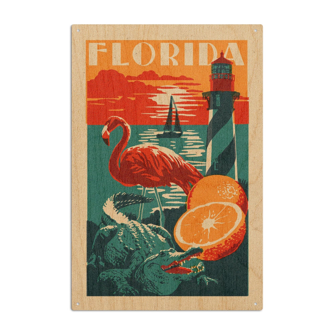 Florida, Woodblock, Lantern Press Artwork, Wood Signs and Postcards Wood Lantern Press 10 x 15 Wood Sign 