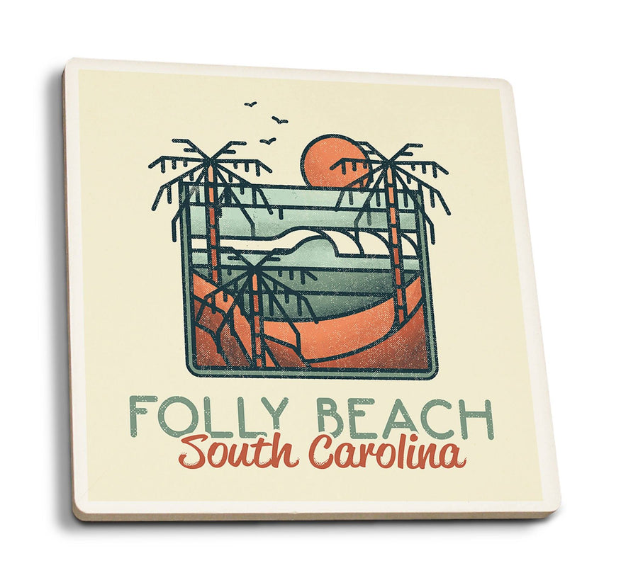 Folly Beach, South Carolina, Palm Trees & Beach Scene, Block Lines, Lantern Press Artwork, Coaster Set Coasters Lantern Press 
