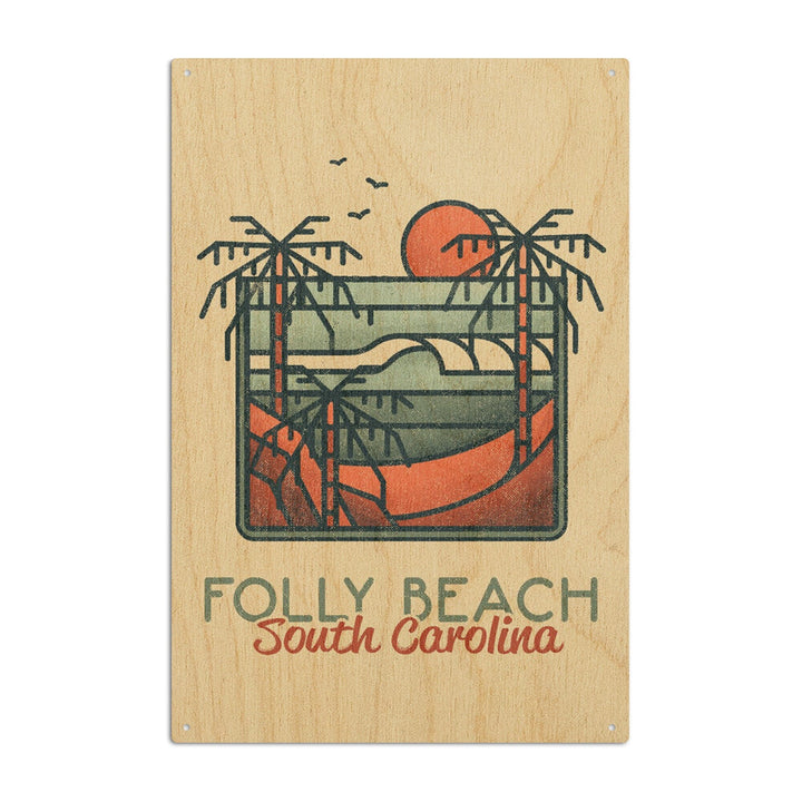 Folly Beach, South Carolina, Palm Trees & Beach Scene, Block Lines, Lantern Press Artwork, Wood Signs and Postcards Wood Lantern Press 10 x 15 Wood Sign 