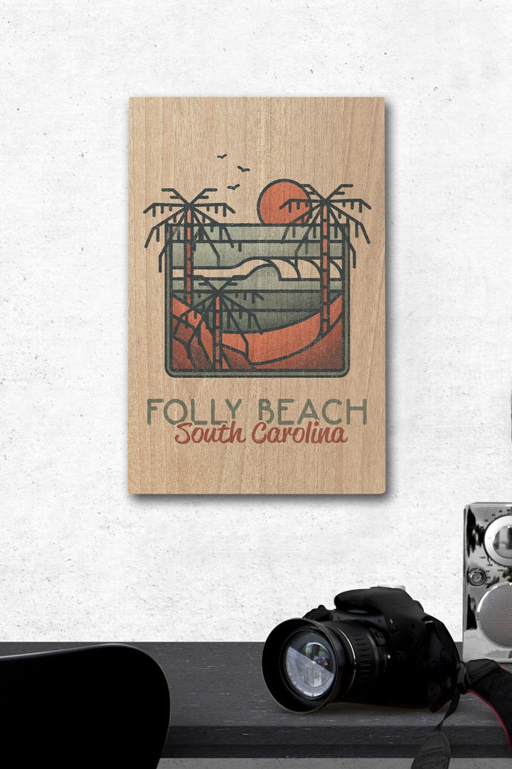 Folly Beach, South Carolina, Palm Trees & Beach Scene, Block Lines, Lantern Press Artwork, Wood Signs and Postcards Wood Lantern Press 12 x 18 Wood Gallery Print 