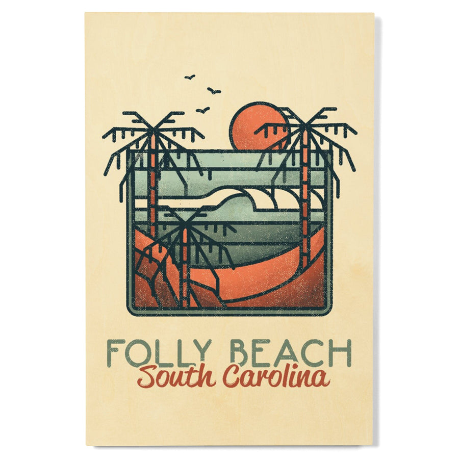 Folly Beach, South Carolina, Palm Trees & Beach Scene, Block Lines, Lantern Press Artwork, Wood Signs and Postcards Wood Lantern Press 