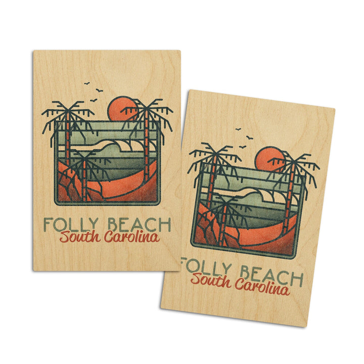 Folly Beach, South Carolina, Palm Trees & Beach Scene, Block Lines, Lantern Press Artwork, Wood Signs and Postcards Wood Lantern Press 4x6 Wood Postcard Set 