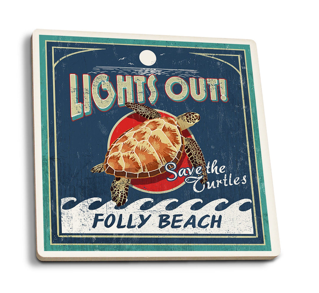 Folly Beach, South Carolina, Sea Turtle Vintage Sign, Lantern Press Artwork, Coaster Set Coasters Lantern Press 