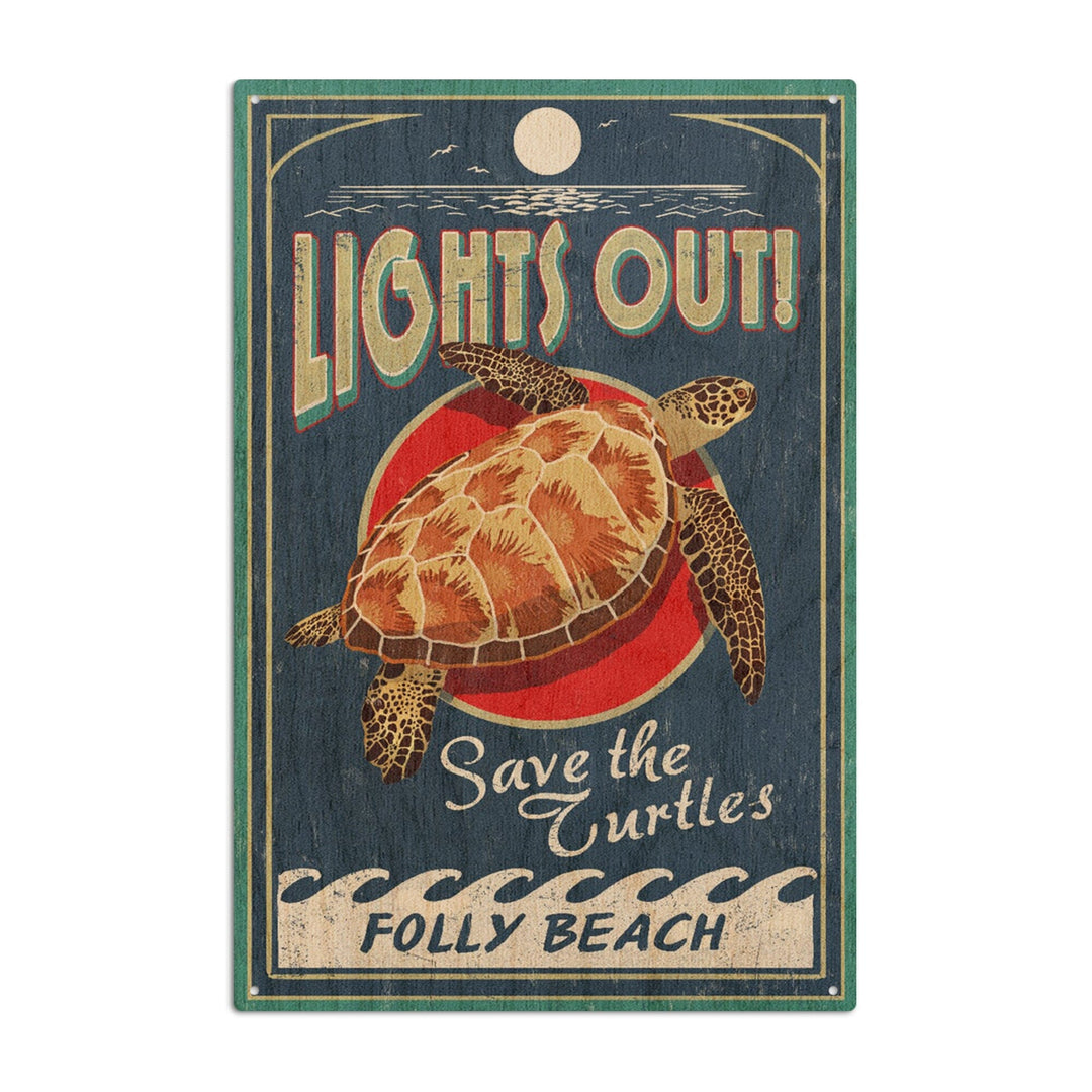 Folly Beach, South Carolina, Sea Turtle Vintage Sign, Lantern Press Artwork, Wood Signs and Postcards Wood Lantern Press 10 x 15 Wood Sign 