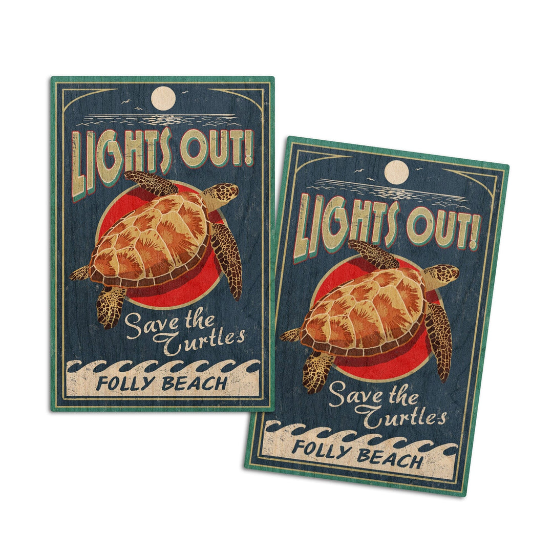 Folly Beach, South Carolina, Sea Turtle Vintage Sign, Lantern Press Artwork, Wood Signs and Postcards Wood Lantern Press 4x6 Wood Postcard Set 