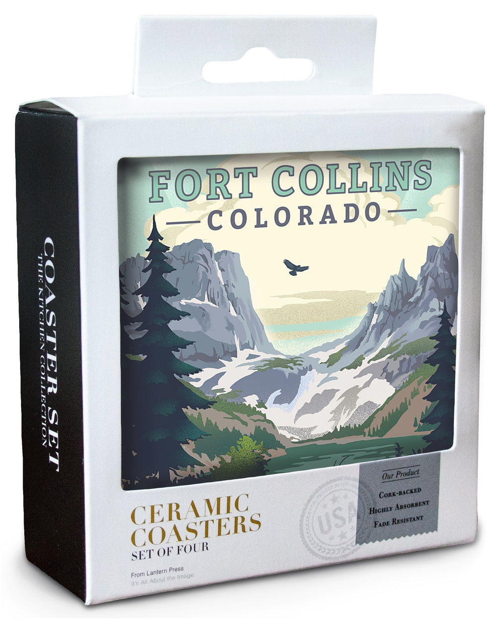 Fort Collins, Colorado, Lake, Lithograph, Lantern Press Artwork, Coaster Set Coasters Lantern Press 