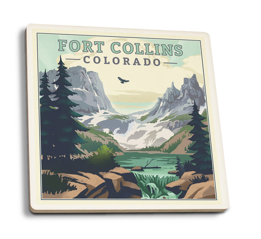 Fort Collins, Colorado, Lake, Lithograph, Lantern Press Artwork, Coaster Set Coasters Lantern Press 