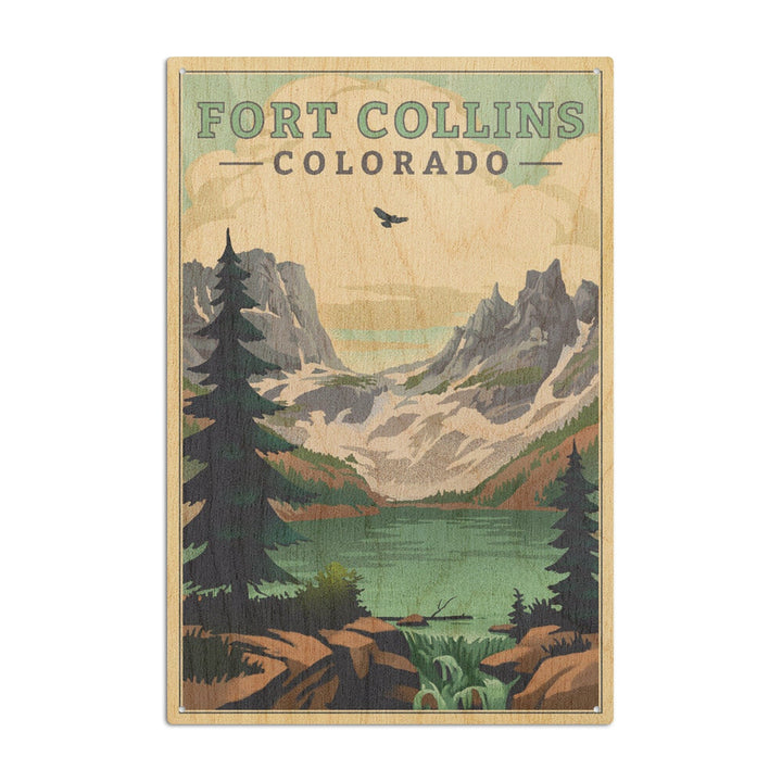 Fort Collins, Colorado, Lake, Lithograph, Lantern Press Artwork, Wood Signs and Postcards Wood Lantern Press 10 x 15 Wood Sign 