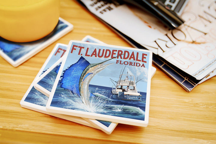 Fort Lauderdale, Florida, Sailfish Scene, Lantern Press Artwork, Coaster Set Coasters Lantern Press 