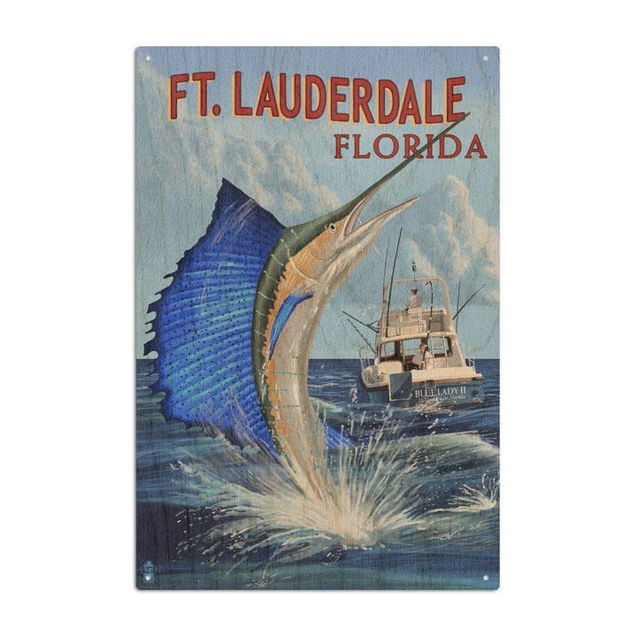 Fort Lauderdale, Florida, Sailfish Scene, Lantern Press Artwork, Wood Signs and Postcards Wood Lantern Press 10 x 15 Wood Sign 