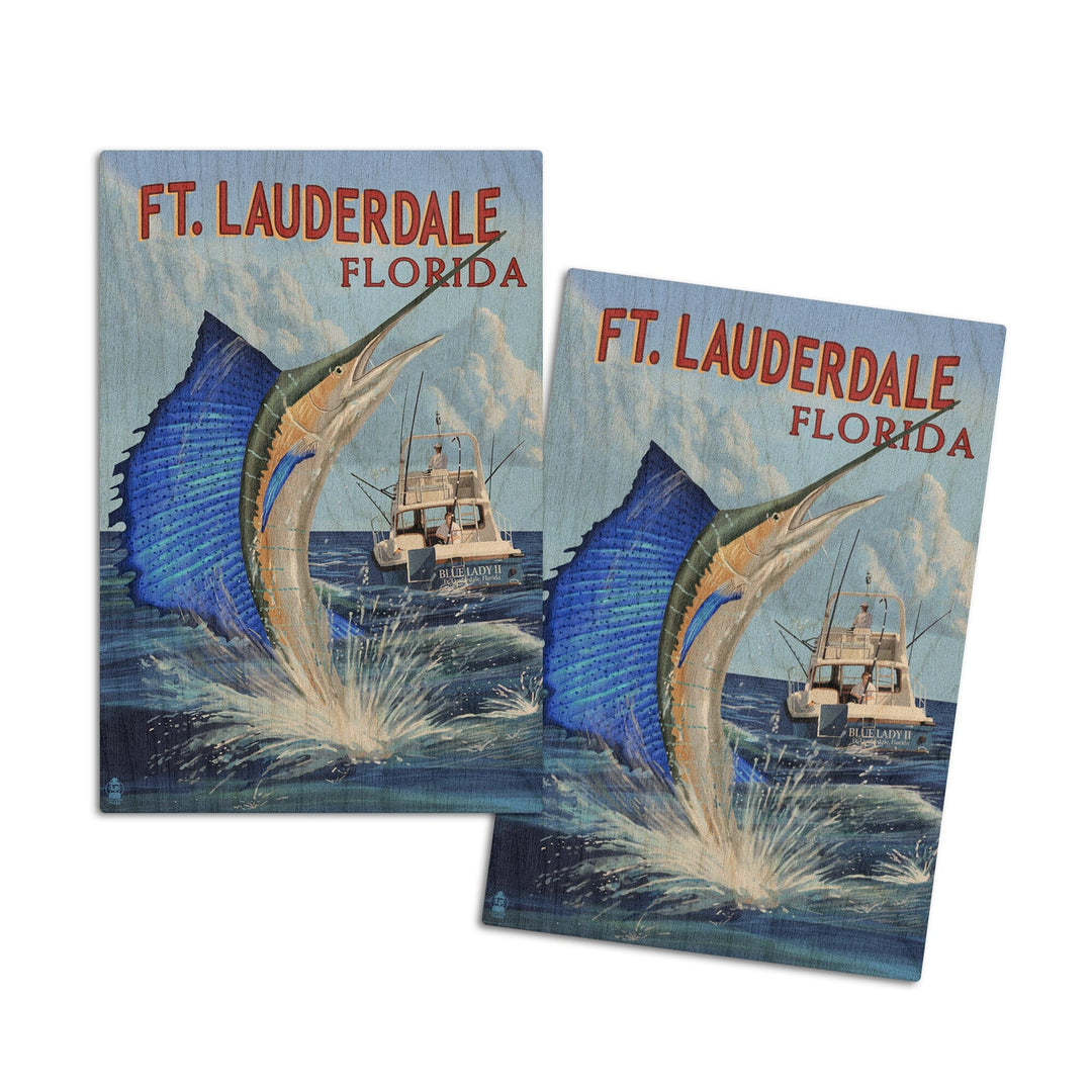 Fort Lauderdale, Florida, Sailfish Scene, Lantern Press Artwork, Wood Signs and Postcards Wood Lantern Press 4x6 Wood Postcard Set 