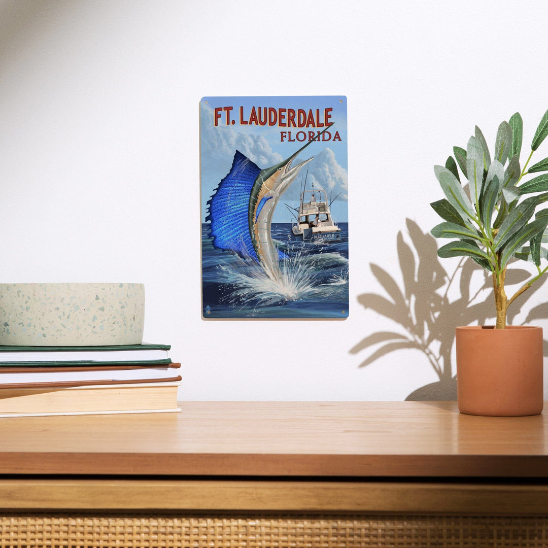 Fort Lauderdale, Florida, Sailfish Scene, Lantern Press Artwork, Wood Signs and Postcards Wood Lantern Press 