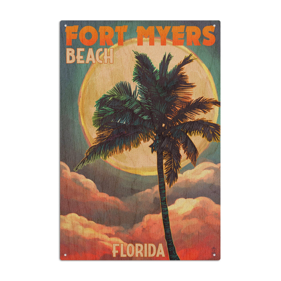 Fort Myers Beach, Florida, Palms & Moon Sunset, Lantern Press Artwork, Wood Signs and Postcards Wood Lantern Press 10 x 15 Wood Sign 