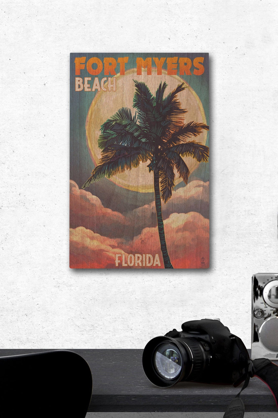 Fort Myers Beach, Florida, Palms & Moon Sunset, Lantern Press Artwork, Wood Signs and Postcards Wood Lantern Press 12 x 18 Wood Gallery Print 