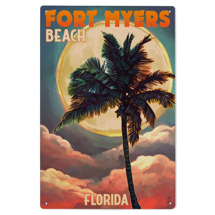 Fort Myers Beach, Florida, Palms & Moon Sunset, Lantern Press Artwork, Wood Signs and Postcards Wood Lantern Press 