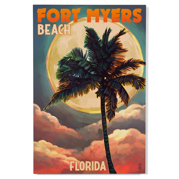 Fort Myers Beach, Florida, Palms & Moon Sunset, Lantern Press Artwork, Wood Signs and Postcards Wood Lantern Press 