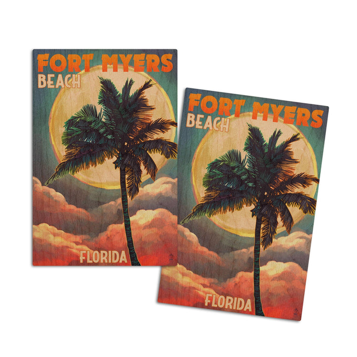 Fort Myers Beach, Florida, Palms & Moon Sunset, Lantern Press Artwork, Wood Signs and Postcards Wood Lantern Press 4x6 Wood Postcard Set 