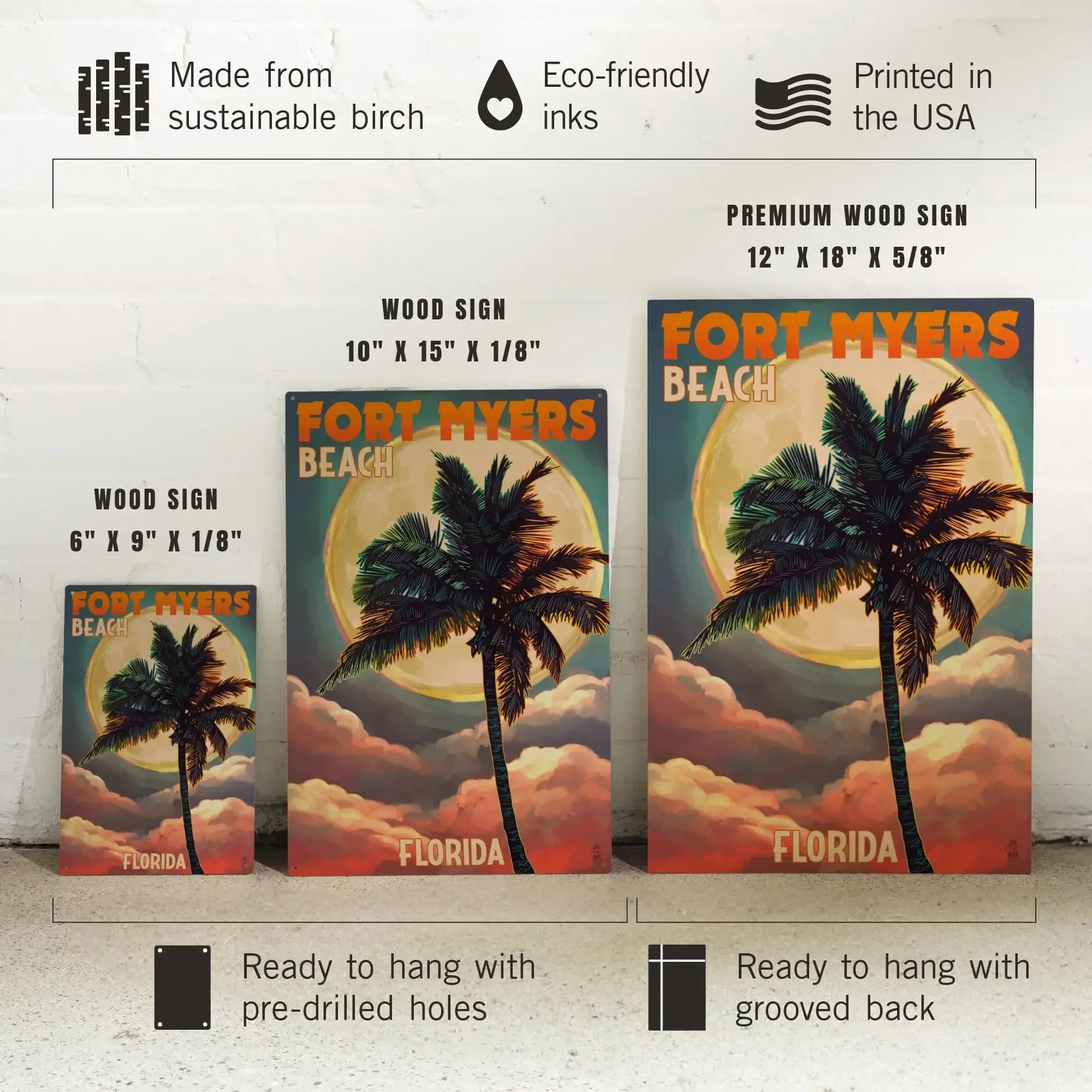 Fort Myers Beach, Florida, Palms & Moon Sunset, Lantern Press Artwork,