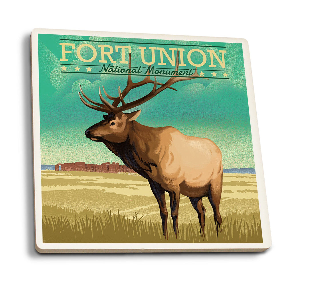 Fort Union, New Mexico, Elk, Lithograph, Lantern Press Artwork, Coaster Set Coasters Lantern Press 