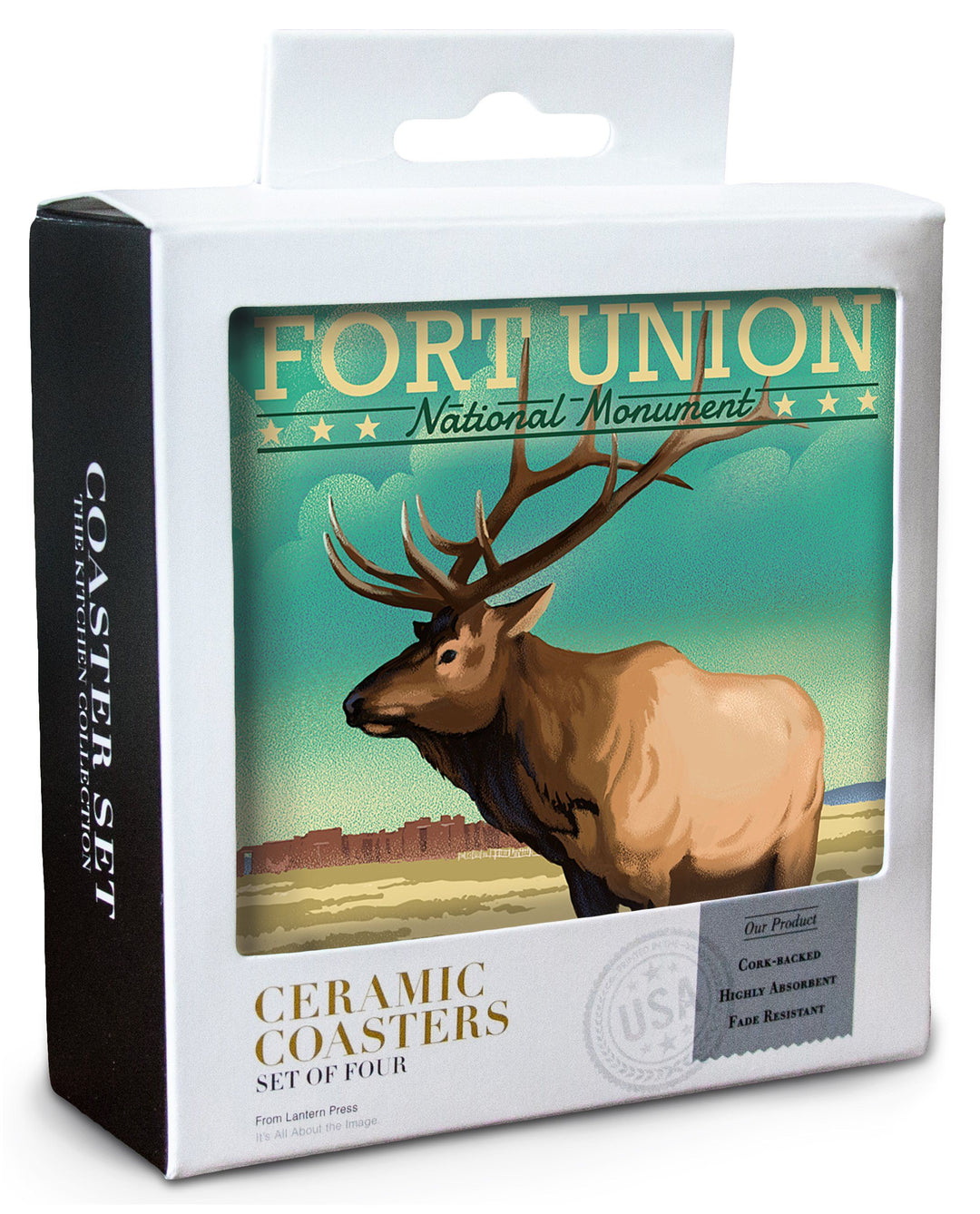 Fort Union, New Mexico, Elk, Lithograph, Lantern Press Artwork, Coaster Set Coasters Lantern Press 