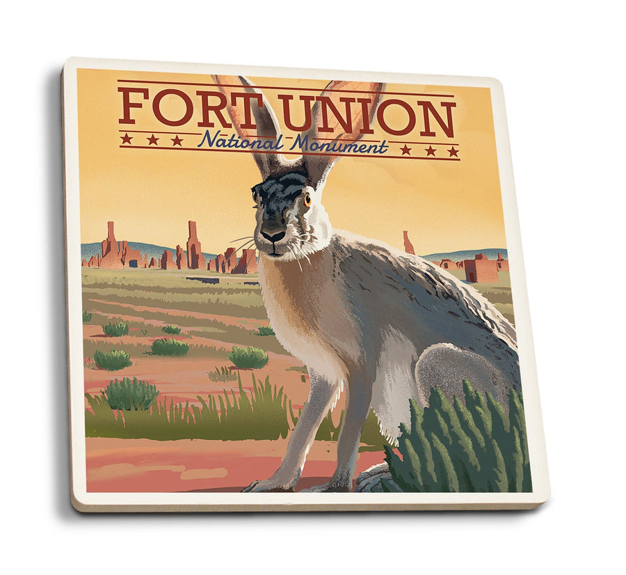 Fort Union, New Mexico, Jackrabbit, Lithograph, Lantern Press Artwork, Coaster Set Coasters Lantern Press 