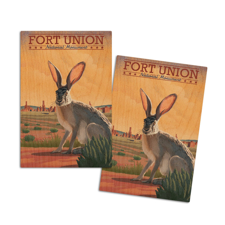 Fort Union, New Mexico, Jackrabbit, Lithograph, Lantern Press Artwork, Wood Signs and Postcards Wood Lantern Press 4x6 Wood Postcard Set 