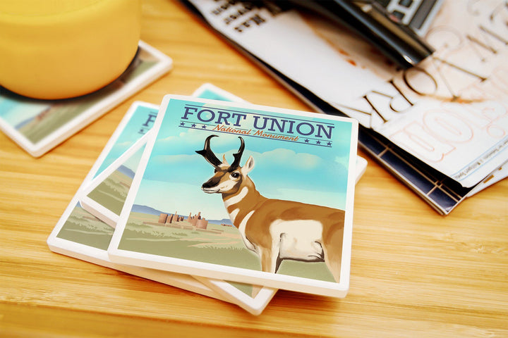 Fort Union, New Mexico, Pronghorn Antelope, Lithograph, Lantern Press Artwork, Coaster Set Coasters Lantern Press 