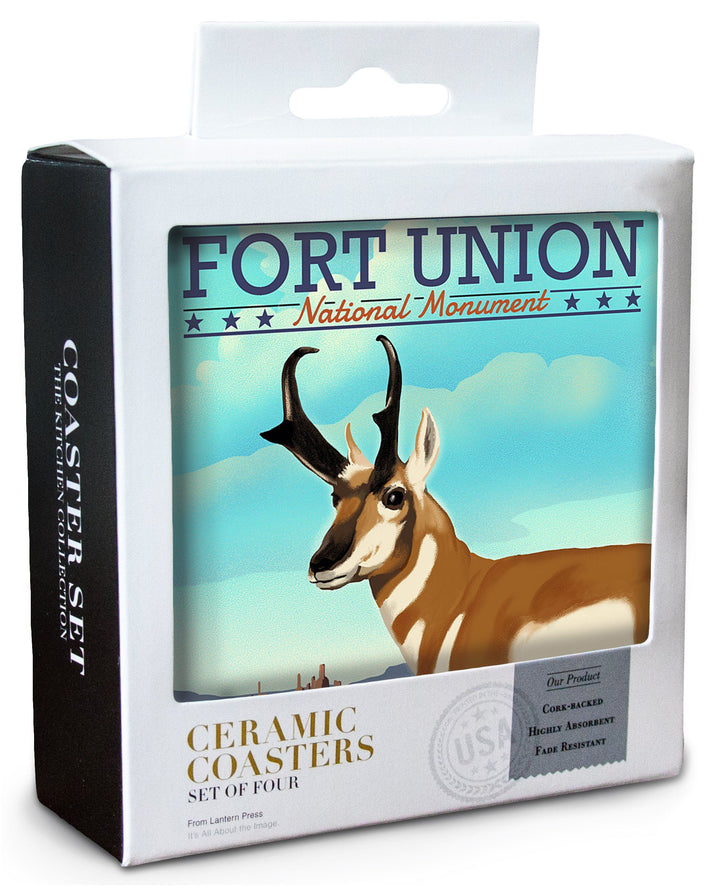 Fort Union, New Mexico, Pronghorn Antelope, Lithograph, Lantern Press Artwork, Coaster Set Coasters Lantern Press 