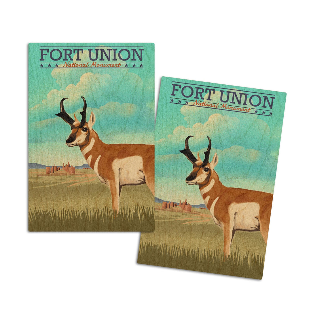 Fort Union, New Mexico, Pronghorn Antelope, Lithograph, Lantern Press Artwork, Wood Signs and Postcards Wood Lantern Press 4x6 Wood Postcard Set 