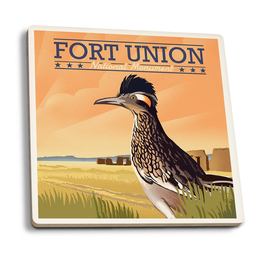 Fort Union, New Mexico, Roadrunner, Lithograph, Lantern Press Artwork, Coaster Set Coasters Lantern Press 
