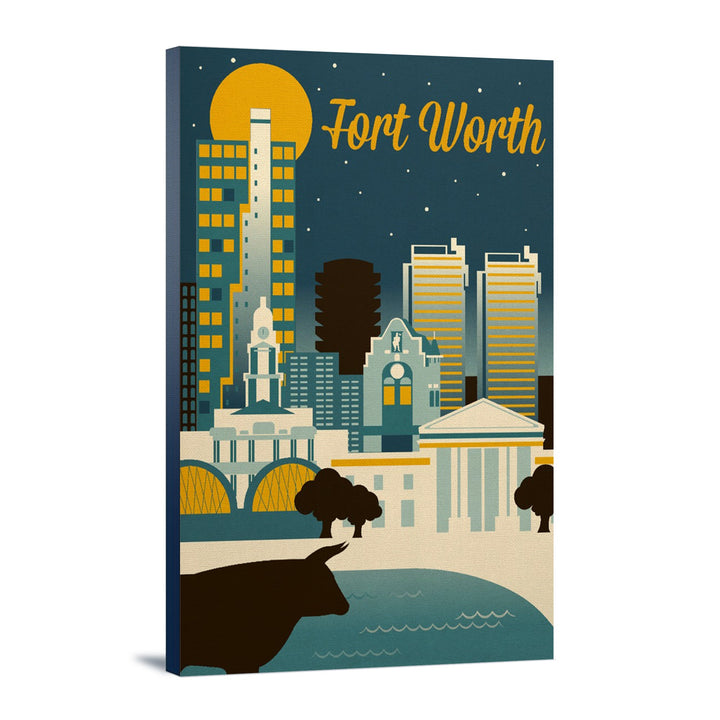Fort Worth, Texas, Retro Skyline Series, Lantern Press Artwork, Stretched Canvas Canvas Lantern Press 12x18 Stretched Canvas 