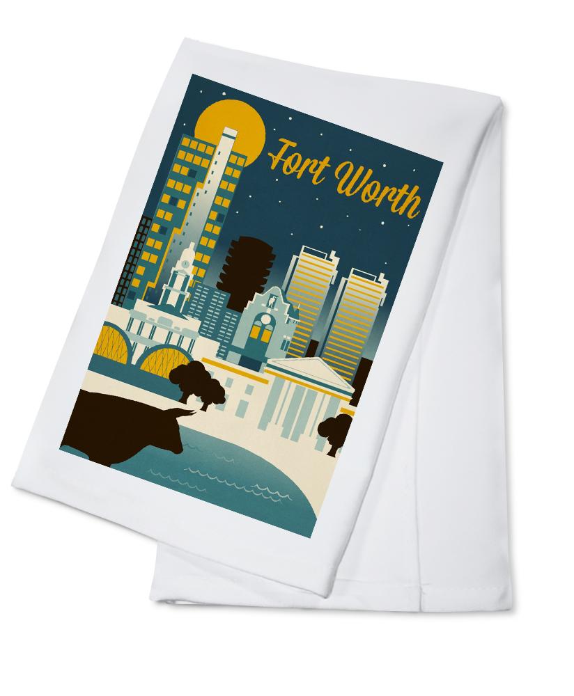 Fort Worth, Texas, Retro Skyline Series, Lantern Press Artwork, Towels and Aprons Kitchen Lantern Press 