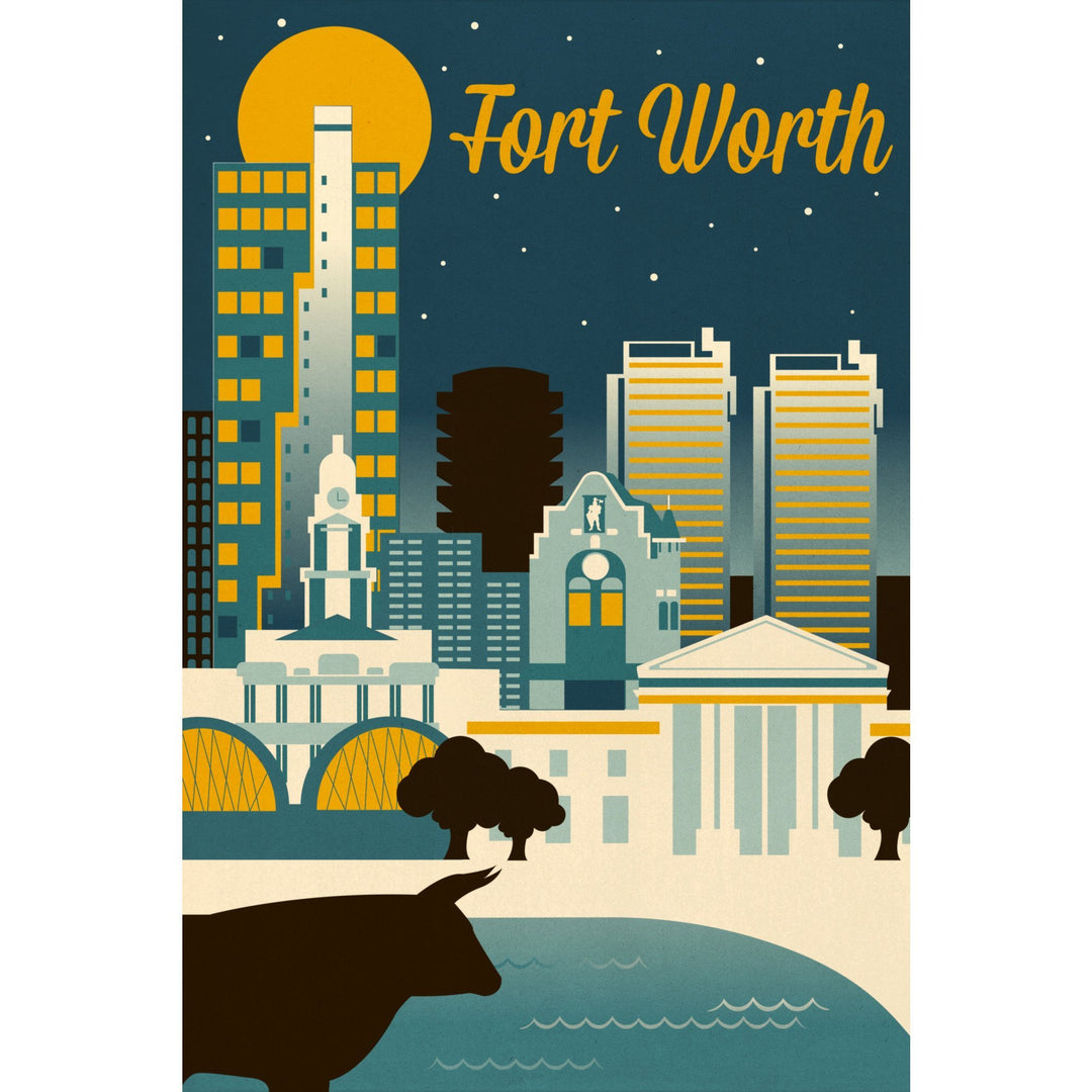 Fort Worth, Texas, Retro Skyline Series, Lantern Press Artwork, Towels and Aprons Kitchen Lantern Press 