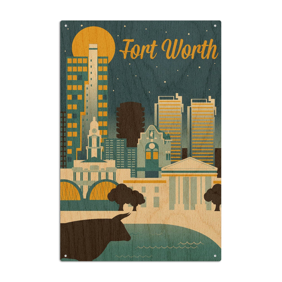 Fort Worth, Texas, Retro Skyline Series, Lantern Press Artwork, Wood Signs and Postcards Wood Lantern Press 10 x 15 Wood Sign 