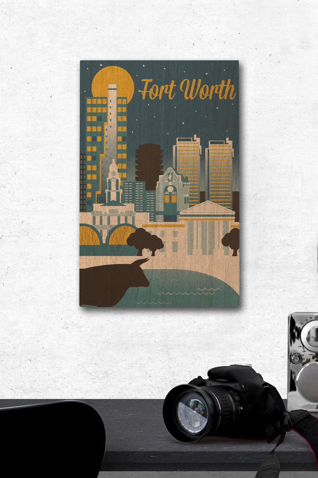 Fort Worth, Texas, Retro Skyline Series, Lantern Press Artwork, Wood Signs and Postcards Wood Lantern Press 12 x 18 Wood Gallery Print 